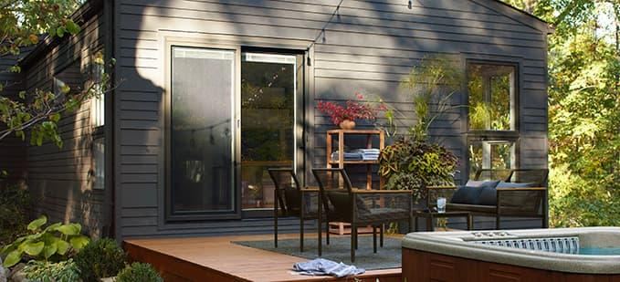 Sliding patio door opening to a deck